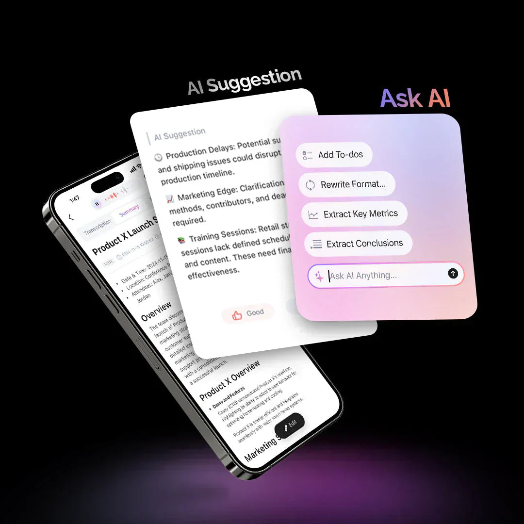 Plaud app interface showing AI suggestions and Ask AI features for meeting summaries on a smartphone.
