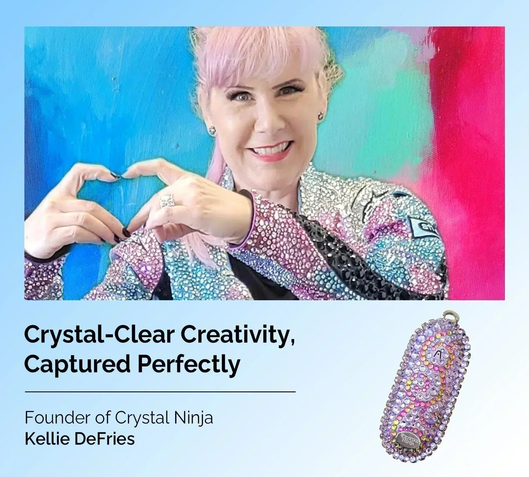 Kellie DeFries, Founder of Crystal Ninja, with a custom crystal-covered Plaud NotePin AI voice recorder.