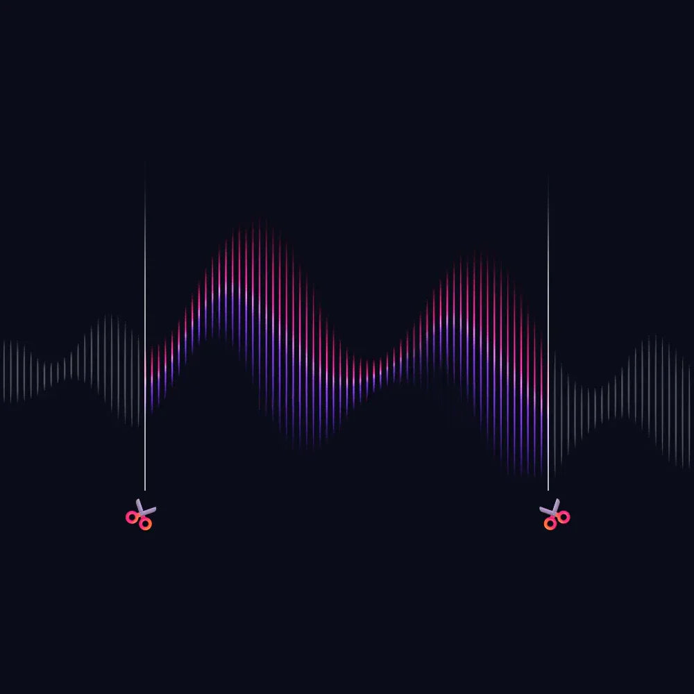 Digital audio waveform with scissor icons indicating the ability to trim and edit voice recordings.