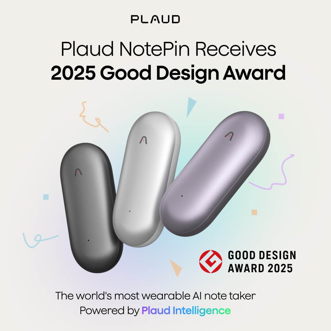 Plaud NotePin AI note taker receives the 2025 Good Design Award. Shown in gray, silver, and purple.