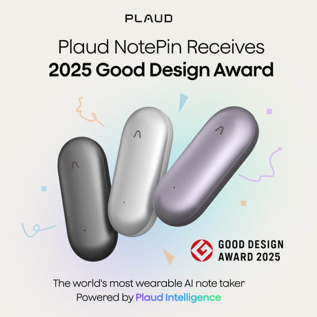 Plaud NotePin AI note taker receives the 2025 Good Design Award. Shown in gray, silver, and purple.