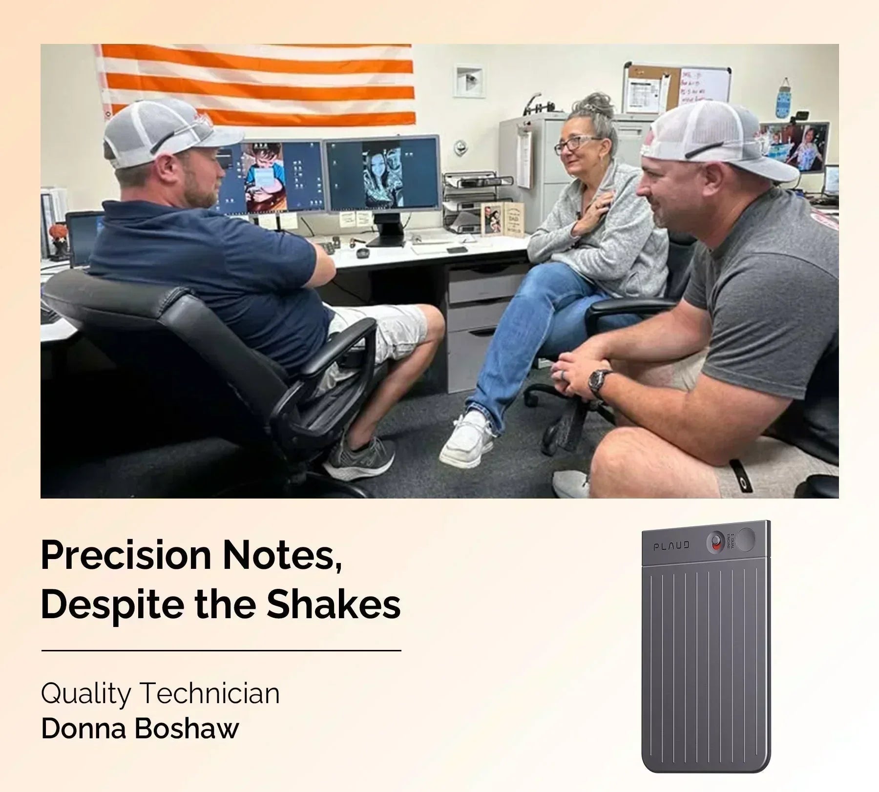 Quality Technician Donna Boshaw in a meeting, featuring the PLAUD NOTE for capturing precision notes.