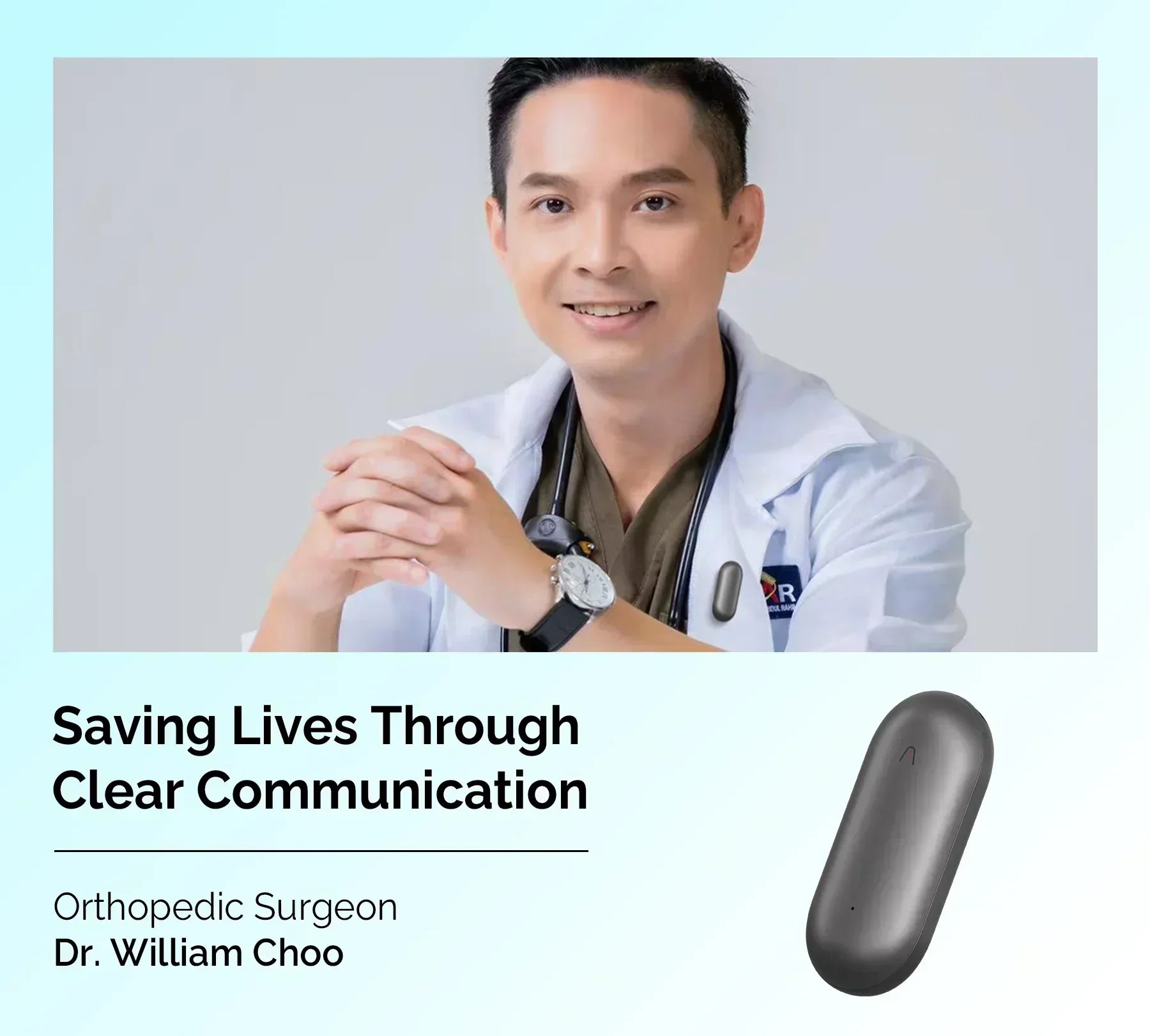 Orthopedic Surgeon Dr. William Choo wearing a Plaud NotePin for clear communication in medical settings.
