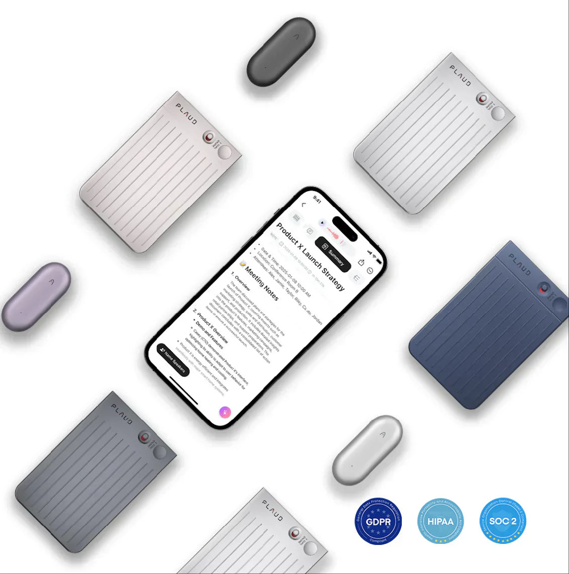 PLAUD NOTE and NotePin recorders in various colors surrounding a phone showing AI meeting notes and security badges.