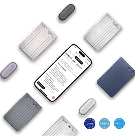 PLAUD NOTE and NotePin recorders in various colors surrounding a phone showing AI meeting notes and security badges.