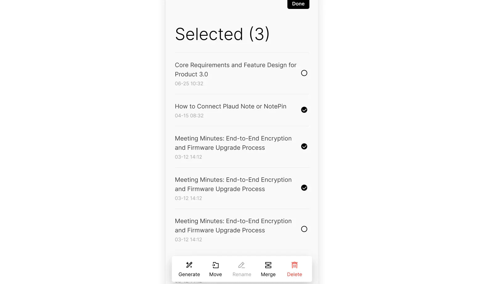 Plaud app interface showing three selected recordings with options to generate, move, merge, or delete.