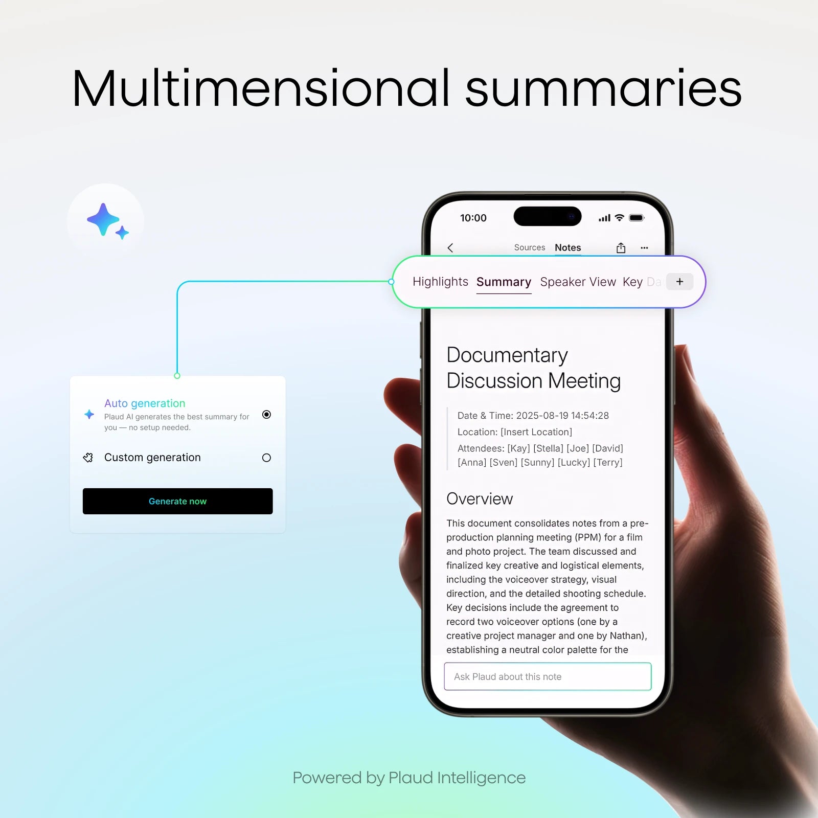Smartphone displaying Plaud Intelligence multidimensional summaries, including meeting overviews and auto-generation.