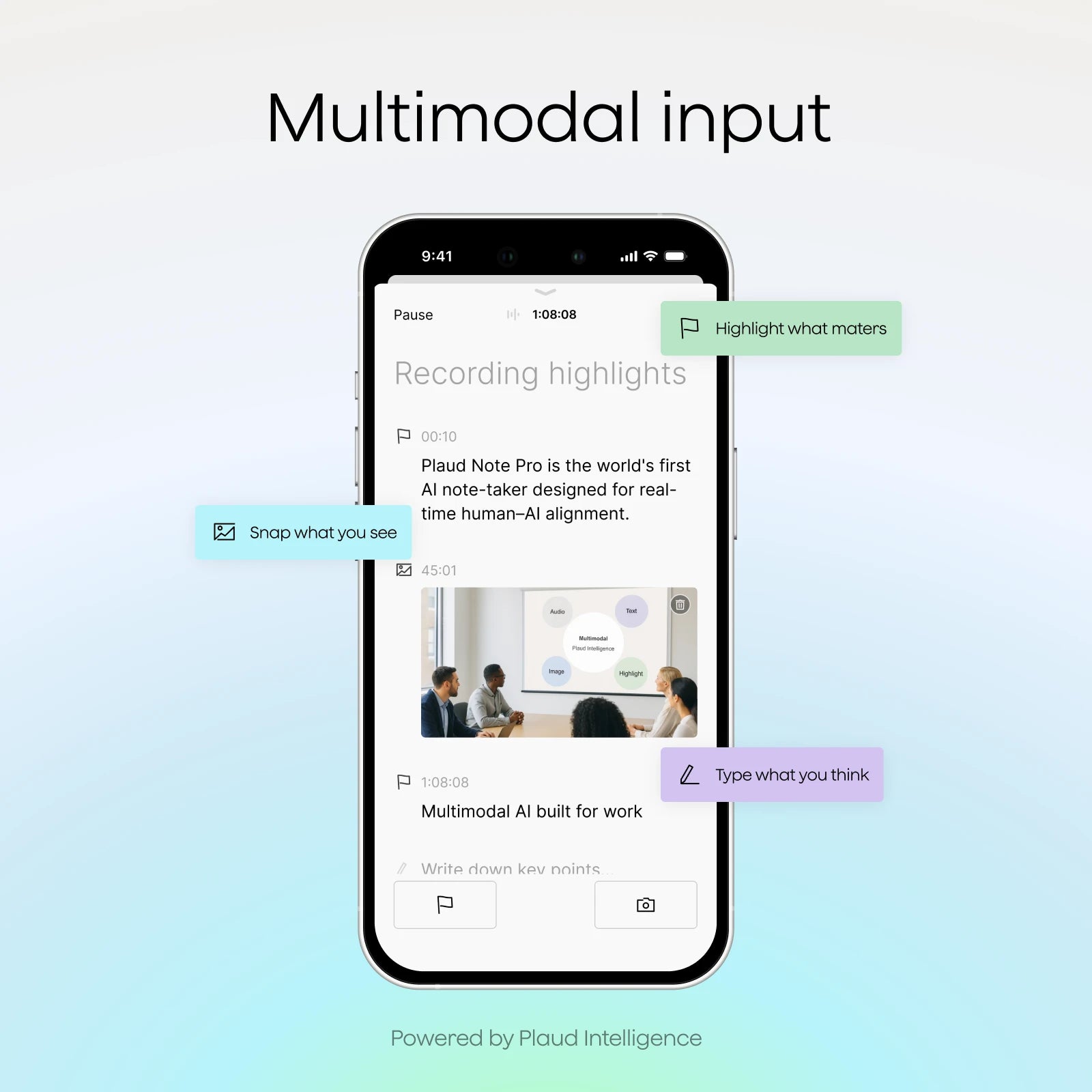 Plaud app interface showing multimodal input: snap photos, highlight text, and type notes with Plaud Intelligence.