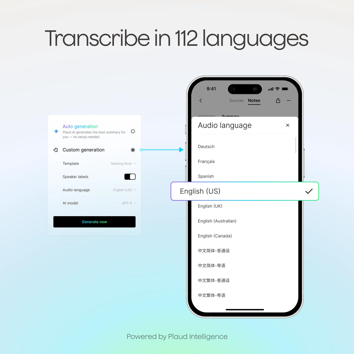 Plaud app interface showing transcription language selection for over 112 languages powered by Plaud Intelligence.