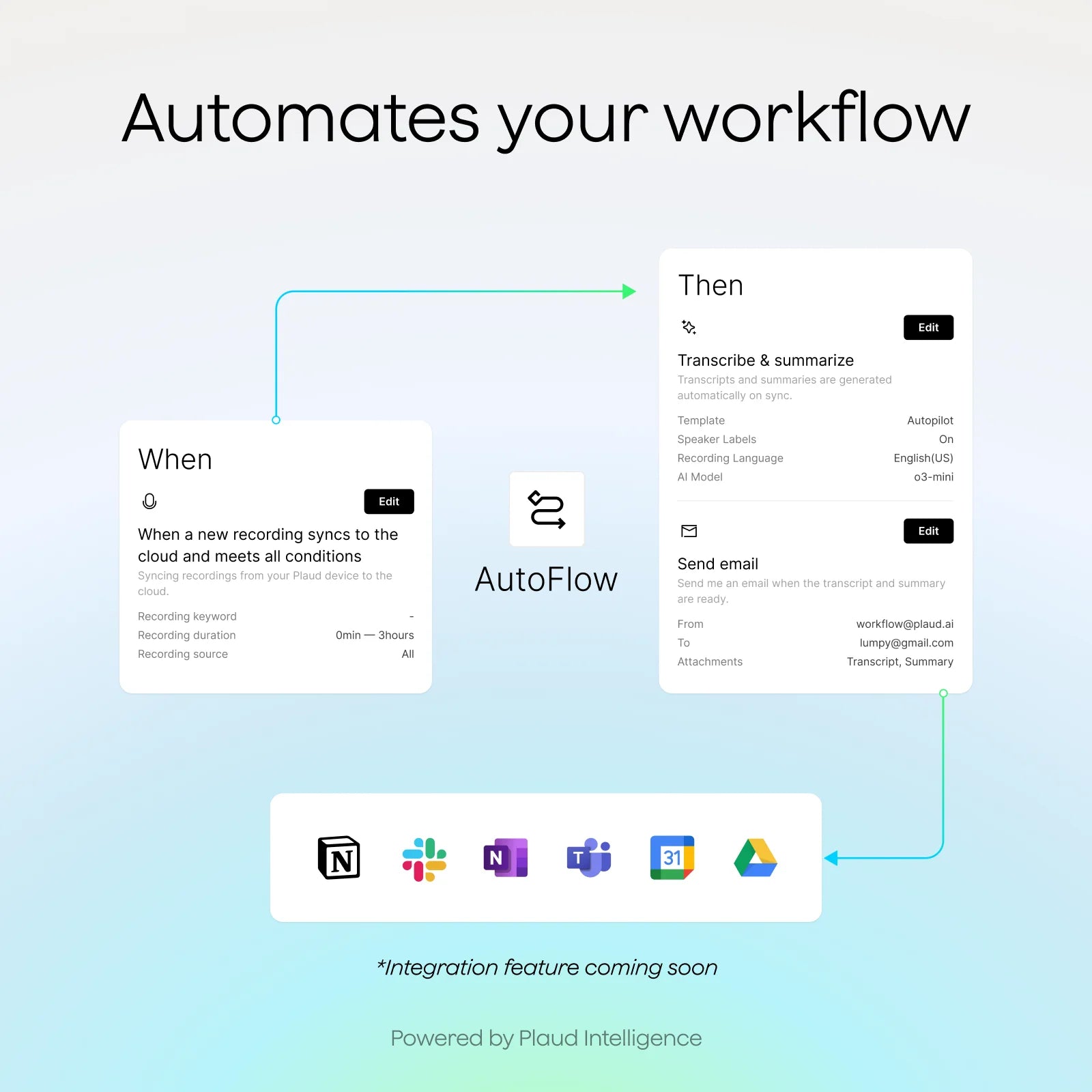 Plaud Intelligence AutoFlow automates workflows by transcribing recordings and syncing with apps like Slack and Notion.