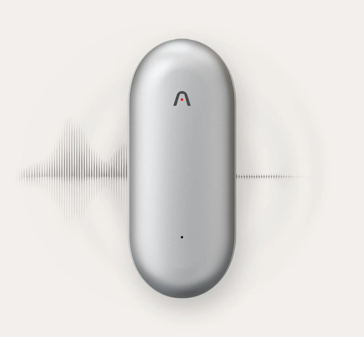 Silver Plaud NotePin AI voice recorder shown against a subtle sound wave background.