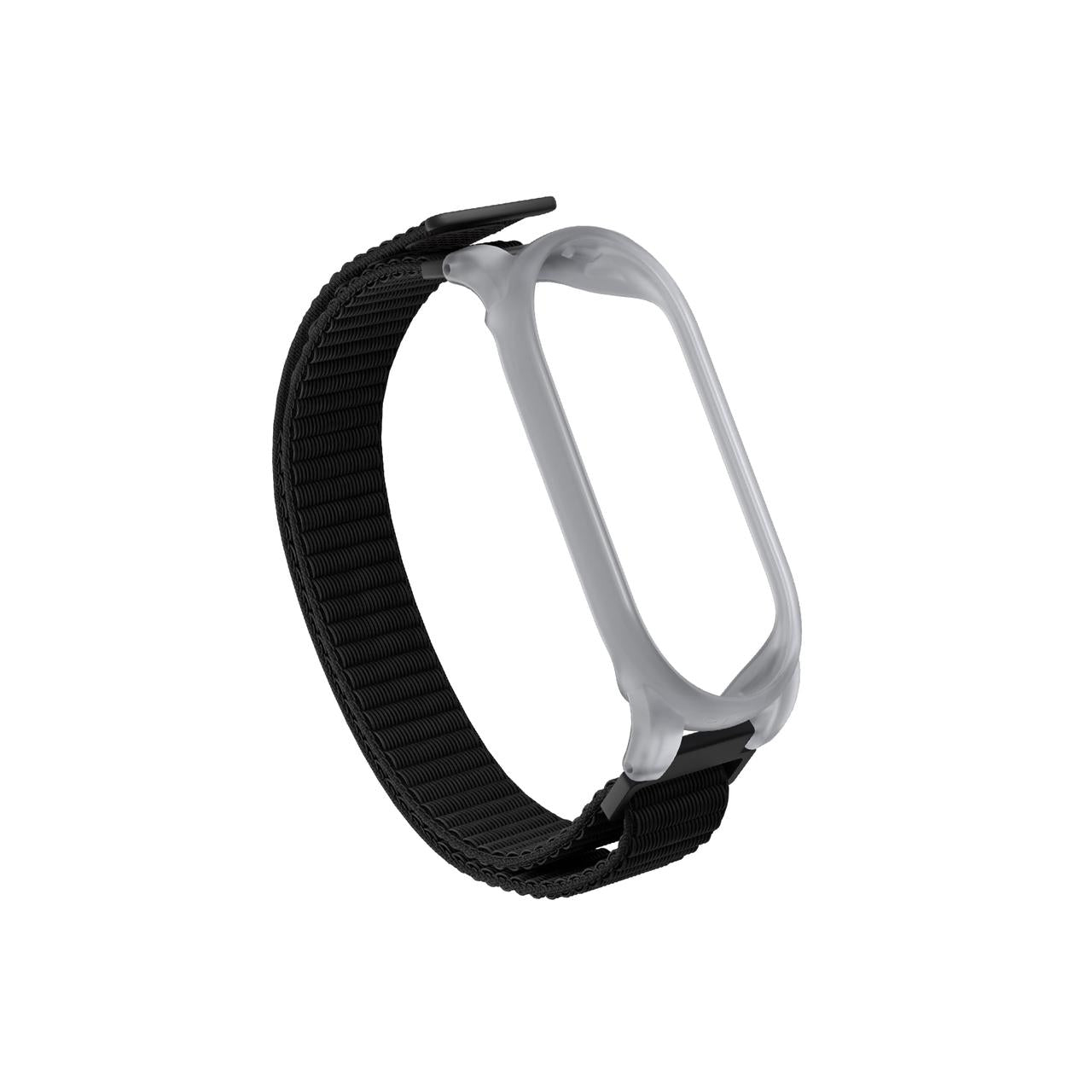 Black fabric wristband with a clear silicone holder for the Plaud NotePin.