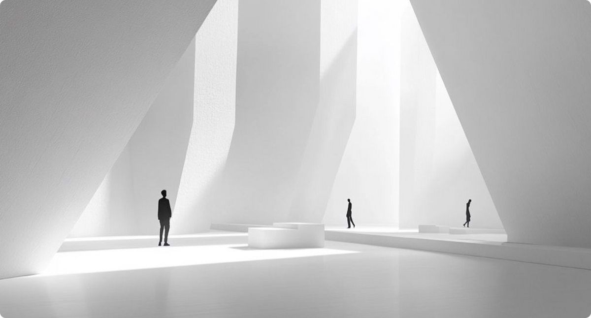 Minimalist white architectural space with silhouetted figures and bright, ethereal lighting.