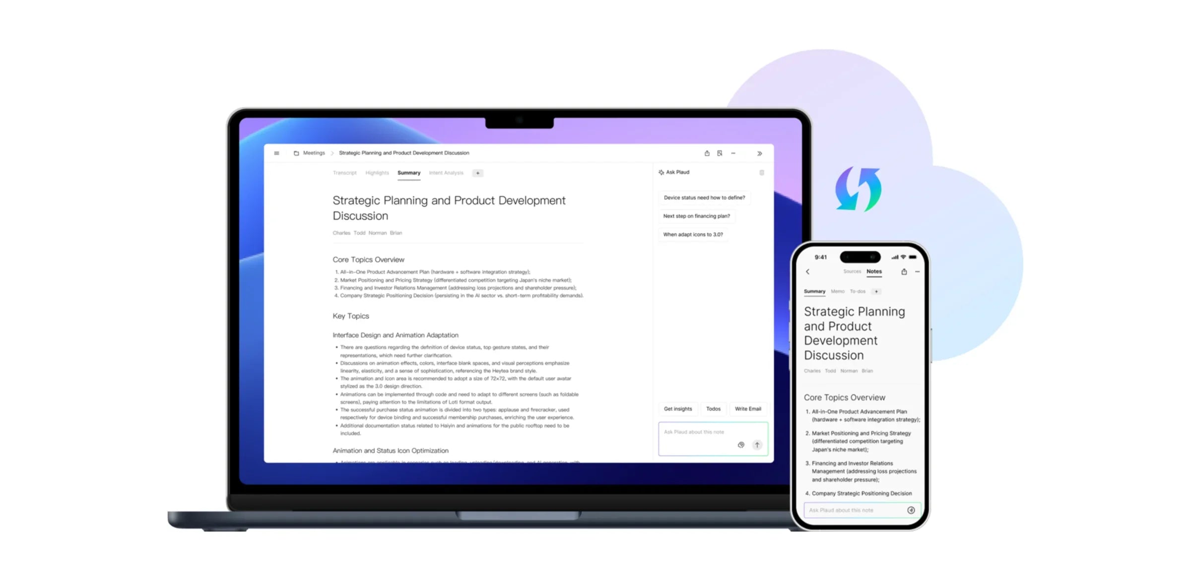 Plaud app interface displaying a meeting summary synced across a laptop and smartphone.