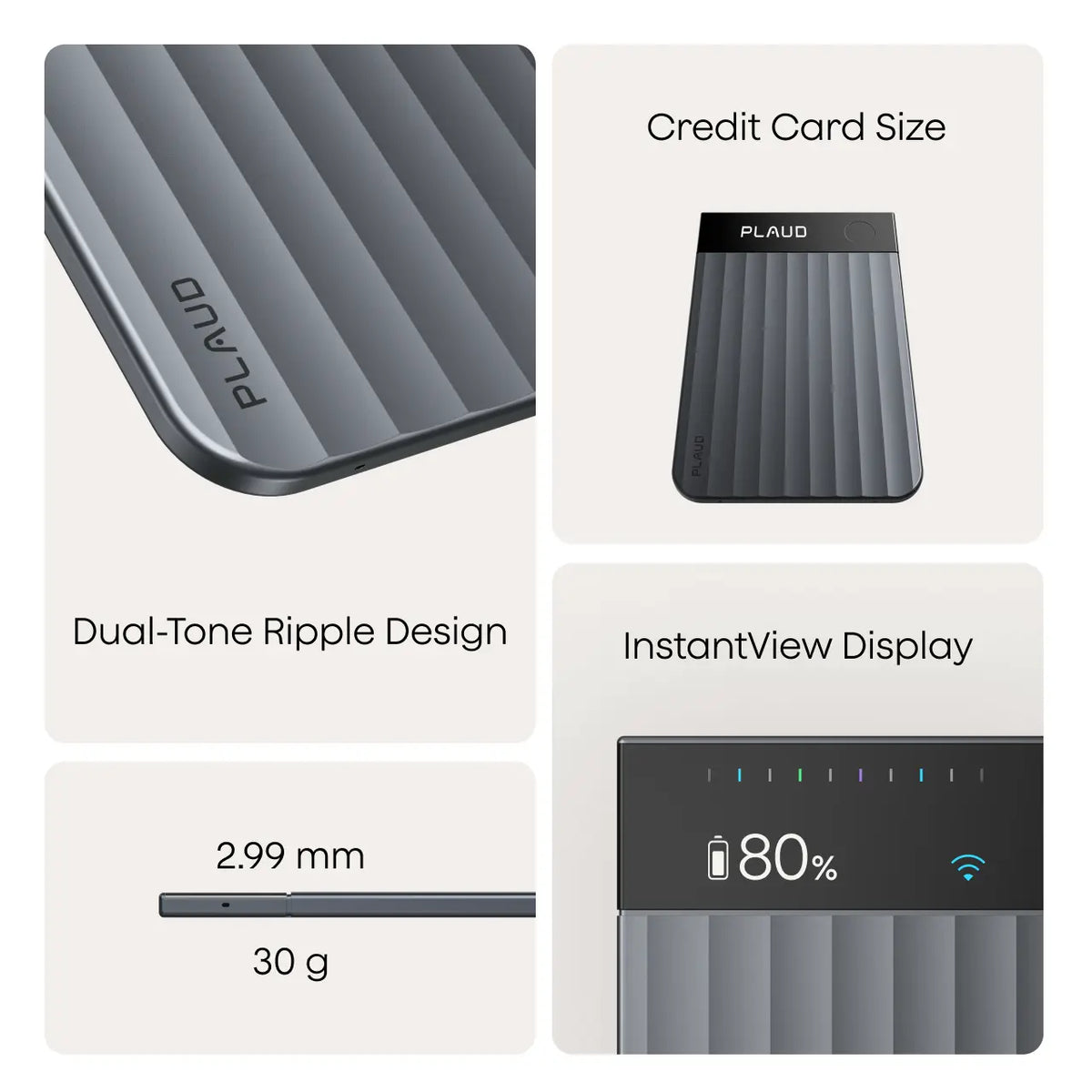 Plaud Note Pro features: credit card size, 2.99mm thin, 30g weight, ripple design, and InstantView display.