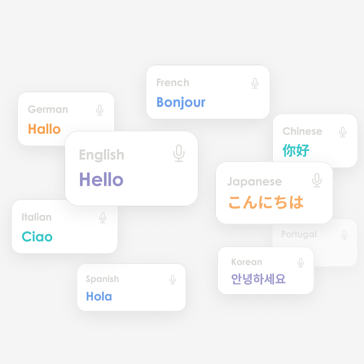 Floating cards display 'Hello' in various languages, illustrating Plaud Intelligence's multi-language support.