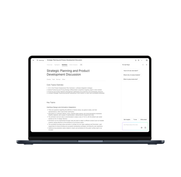 Plaud app on a laptop screen showing a meeting summary and the Ask Plaud AI assistant sidebar.