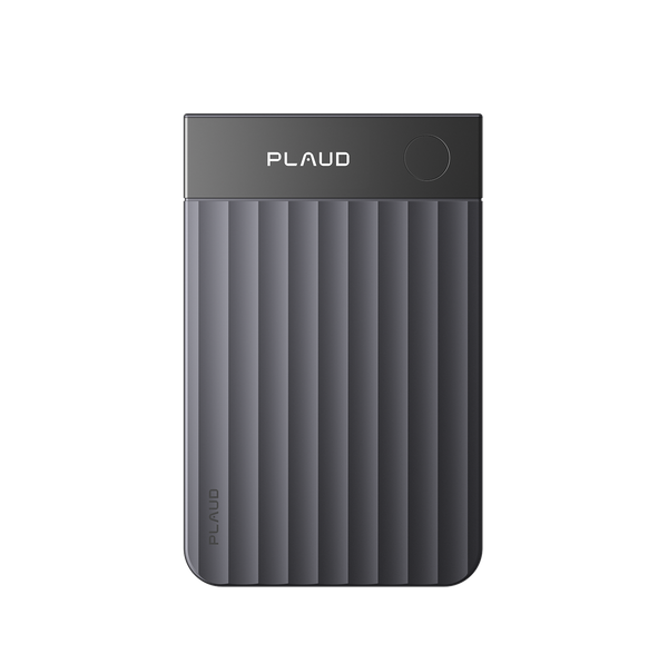 Front view of the slim, dark gray PLAUD NOTE AI voice recorder with vertical ridges and top logo.