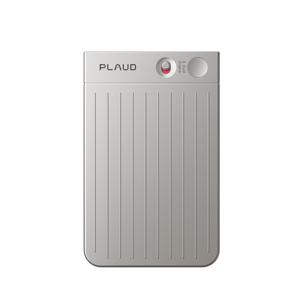 Silver Plaud Note AI voice recorder with a slim, ridged design and a recording toggle switch.