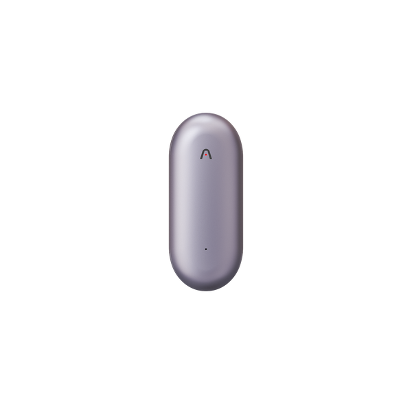 Purple Plaud NotePin wearable AI voice recorder with a sleek, pill-shaped metallic design.