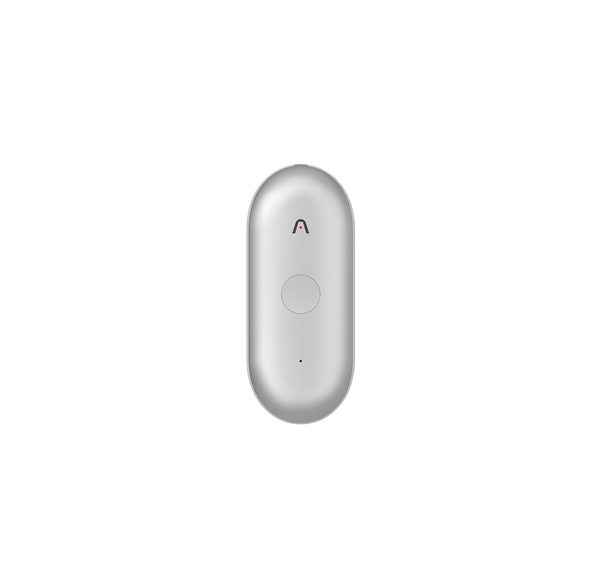 Silver Plaud NotePin wearable AI voice recorder featuring a minimalist pill-shaped design and central button.