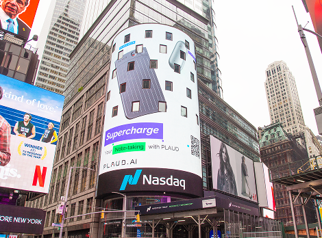 Plaud Note and NotePin featured on the Nasdaq billboard in Times Square with the text Supercharge Your Note-taking.