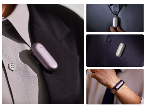 Versatile wearing options for PLAUD NotePin including lapel clip, necklace, and wristband styles.
