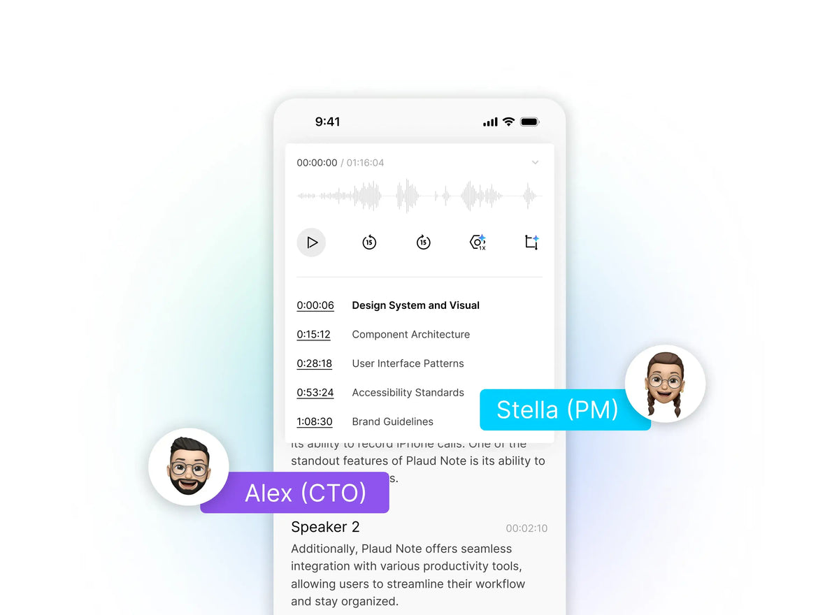 Plaud app interface showing speaker identification for Alex (CTO) and Stella (PM) in a meeting transcript.