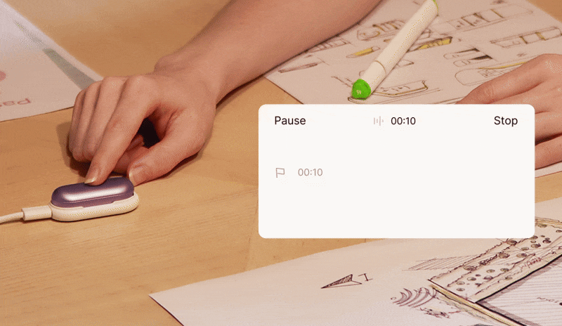 A hand presses the Plaud NotePin to record, with a digital interface showing a 10-second timer.