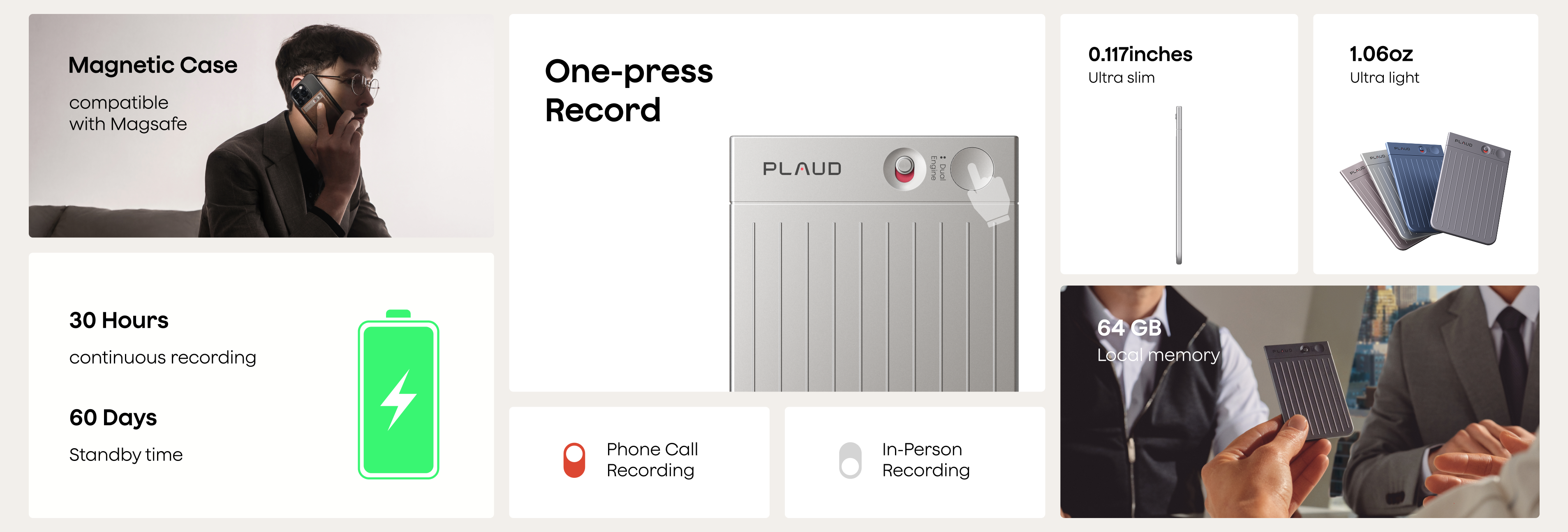 PLAUD NOTE features: MagSafe case, one-press recording, 30h battery, 0.117" slim, 1.06oz weight, and 64GB memory.