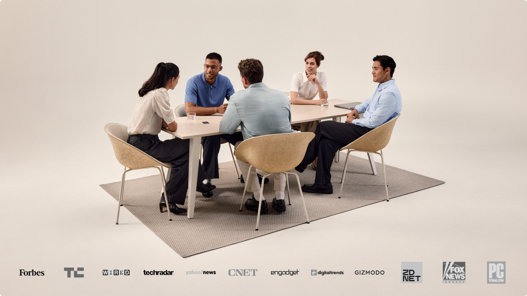 Five professionals in a meeting using a Plaud recorder, with endorsements from Forbes, Wired, and other media outlets.
