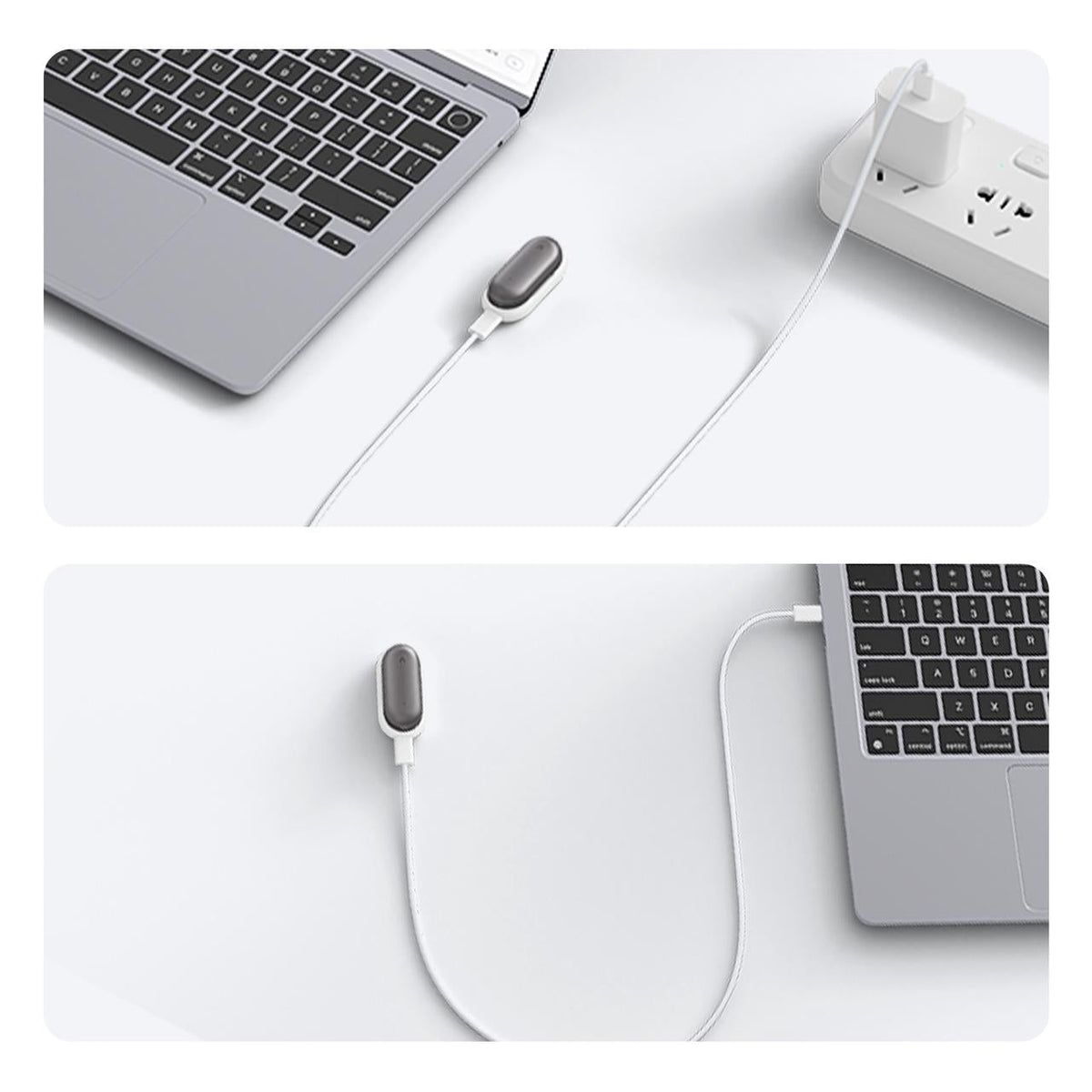 Plaud NotePin charging via a wall outlet and connecting to a laptop for data transfer.