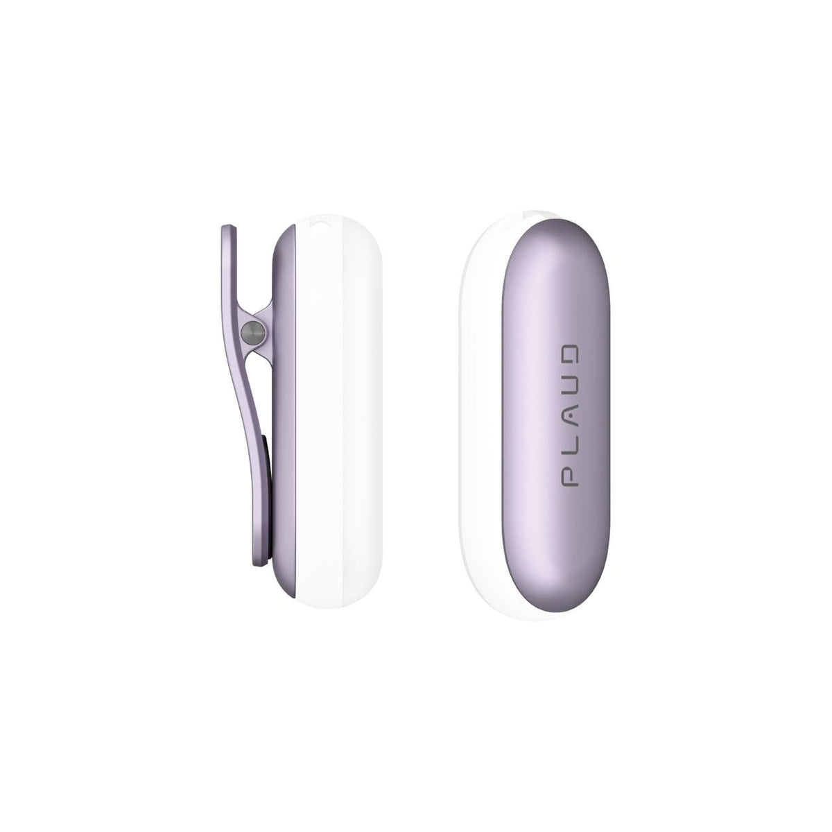 Purple PLAUD NotePin wearable AI voice recorder shown from the side with a clip and from the front.