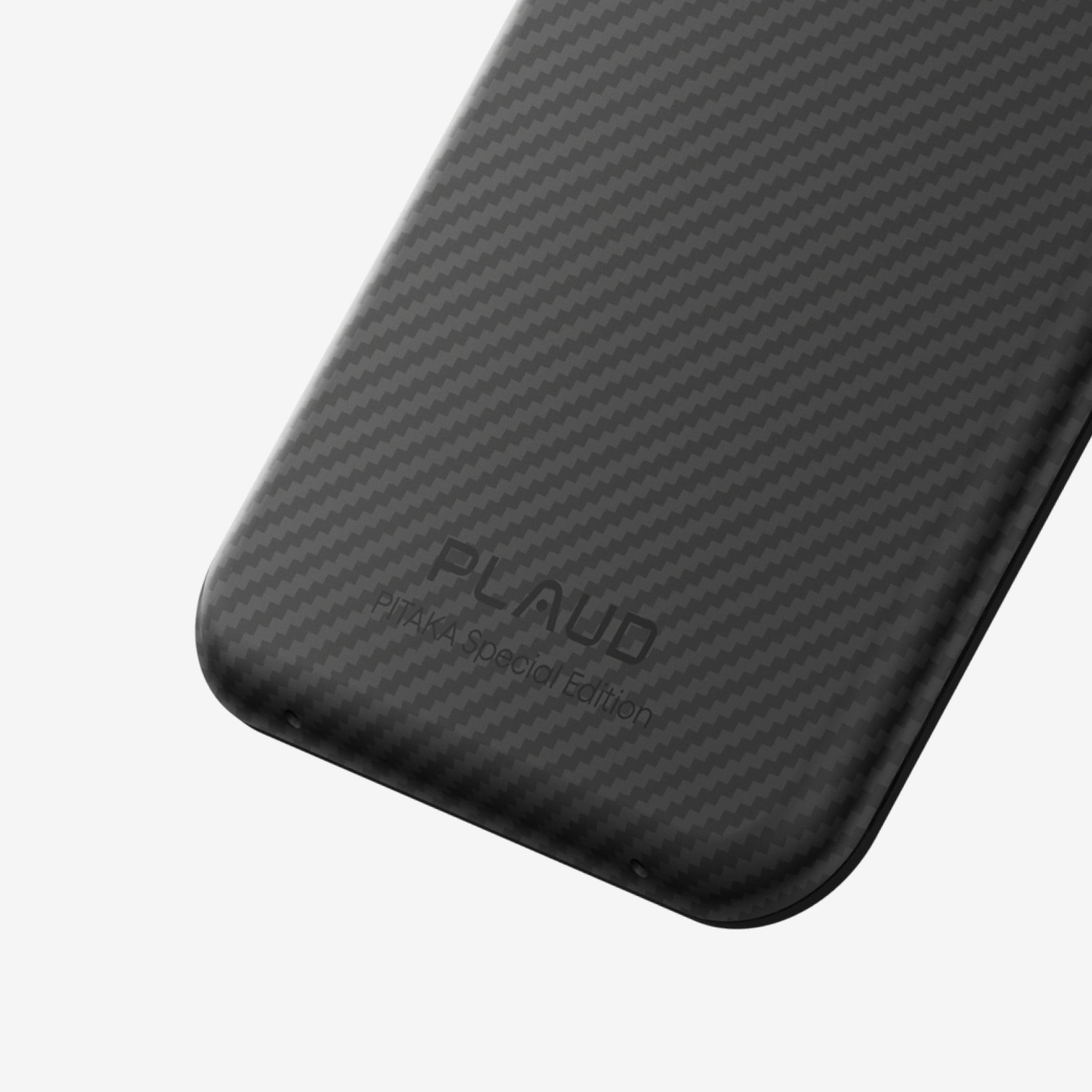 Carbon fiber texture and branding on the PLAUD PITAKA Special Edition AI voice recorder.