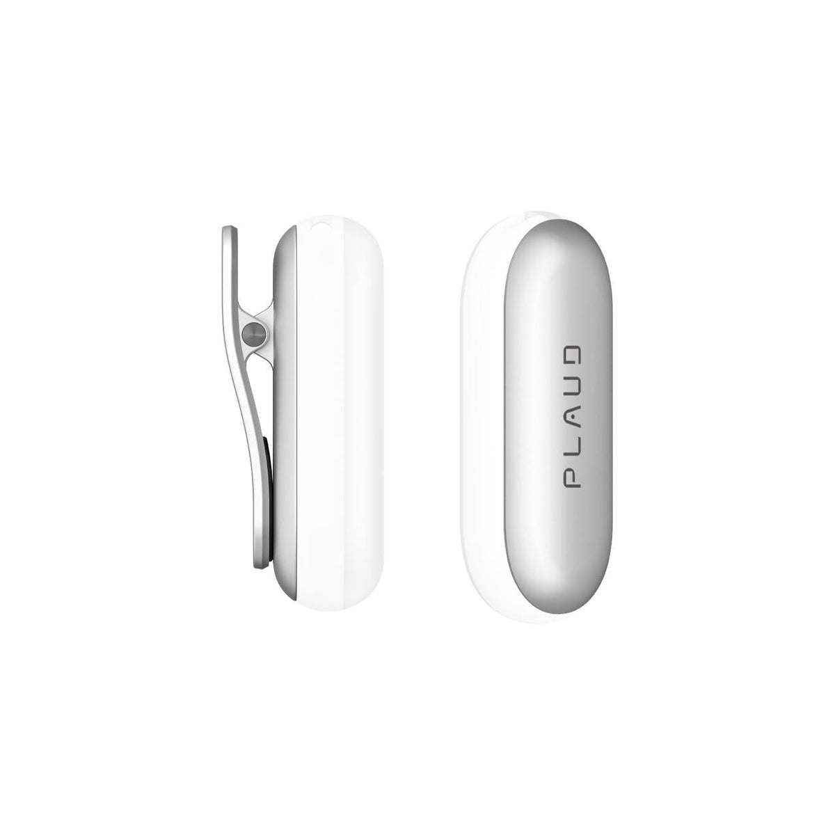 Silver Plaud NotePin wearable AI voice recorder shown from the side with a clip and from the front.