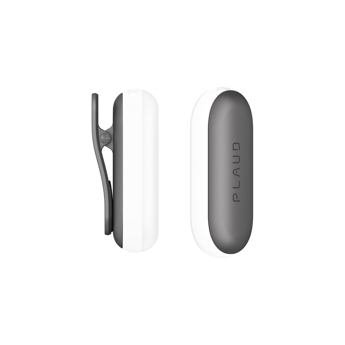 Side and front views of the white Plaud NotePin wearable AI voice recorder with a clip attachment.