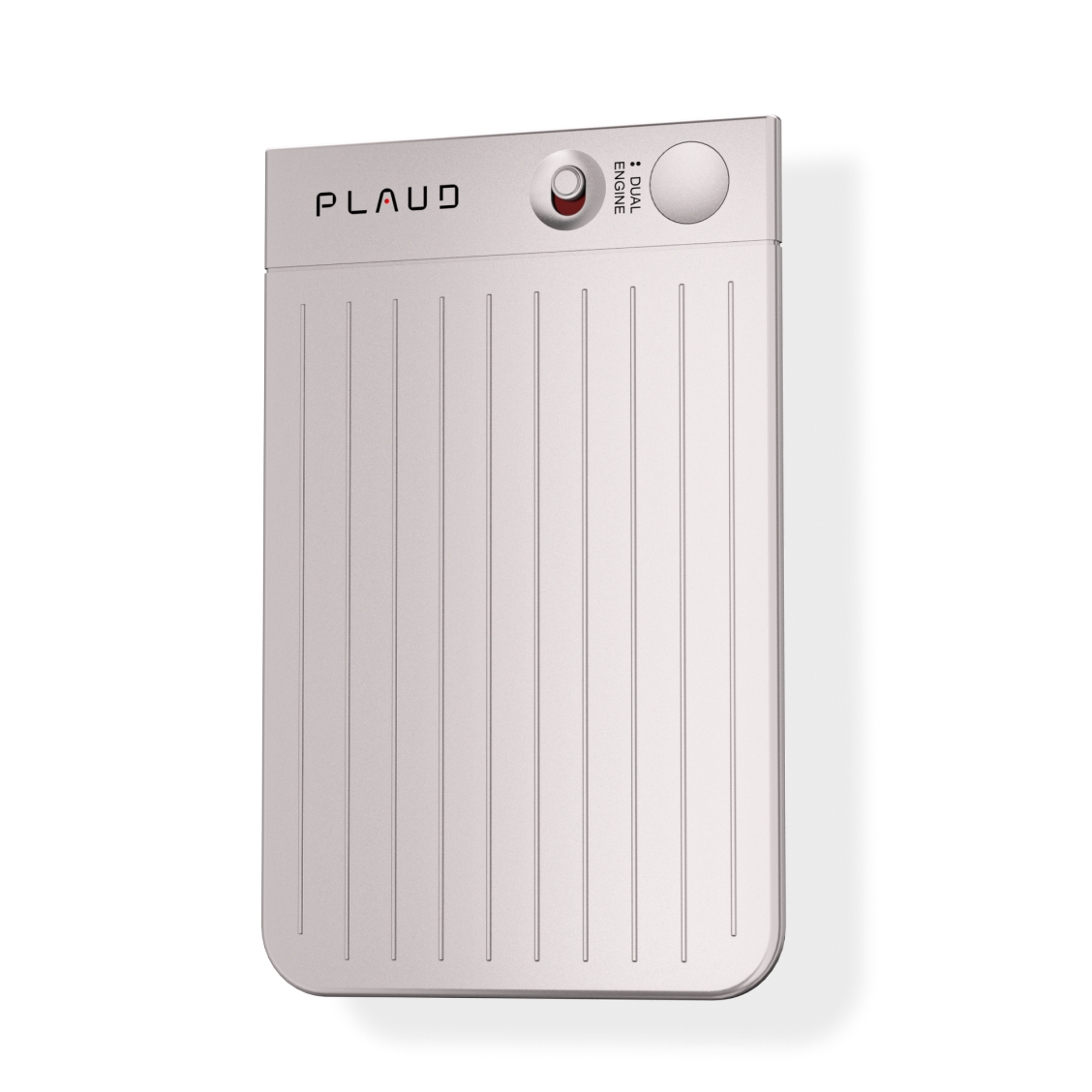 Starlight Plaud Note AI voice recorder featuring a slim, ridged design and dual engine recording switch.