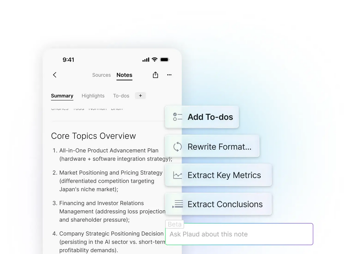 Plaud app interface showing AI features to extract conclusions, metrics, and to-dos from a meeting summary.