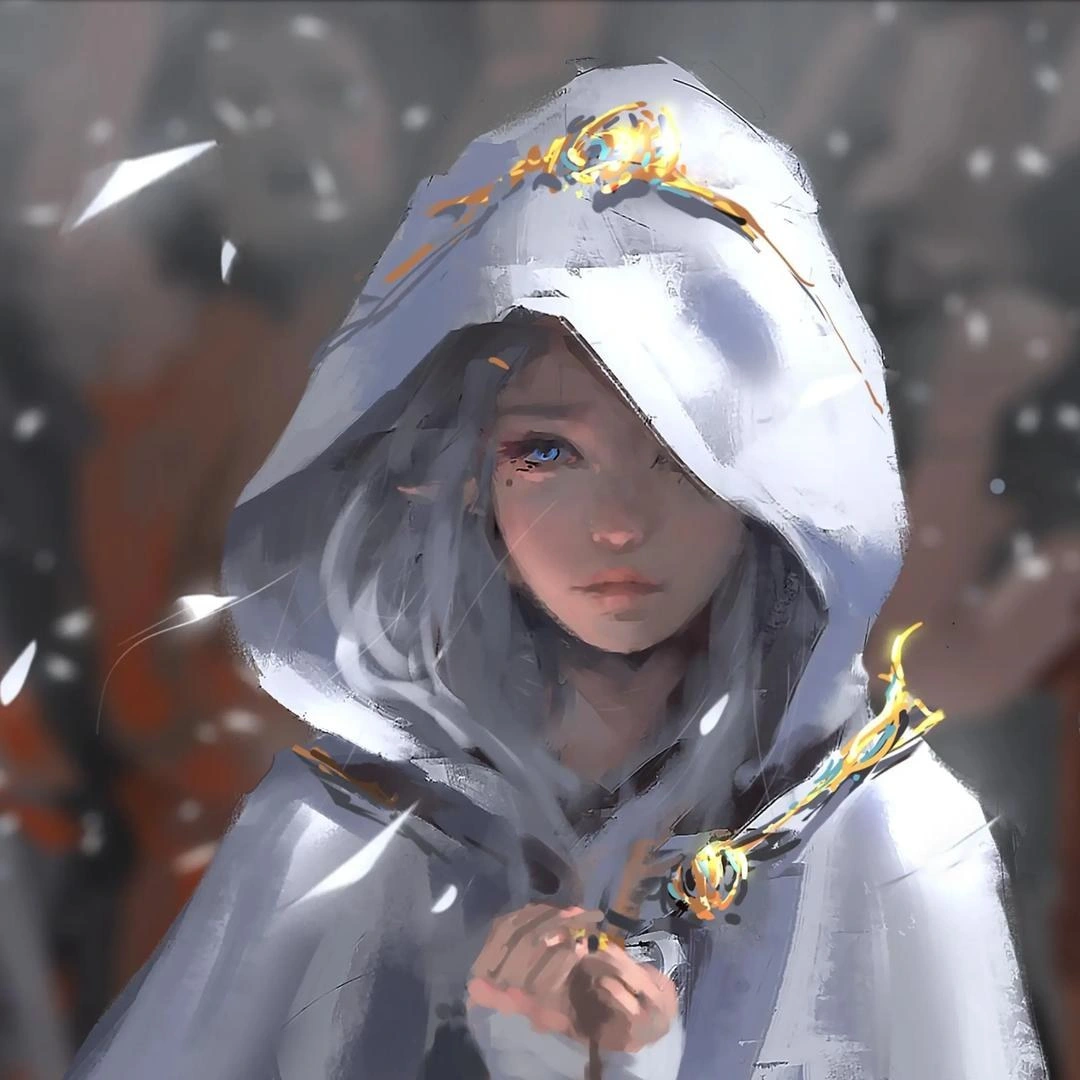 A young person with pale skin and silver hair wears a white hooded cloak adorned with gold and blue accents, holding the Plaud & AI Plan test- subscription-系列 staff. Snow or light particles drift around them, with a blurred crowd filling the background.