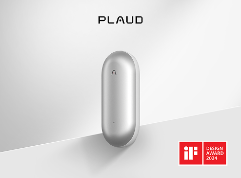 Silver PLAUD NotePin AI voice recorder with the iF Design Award 2024 logo.