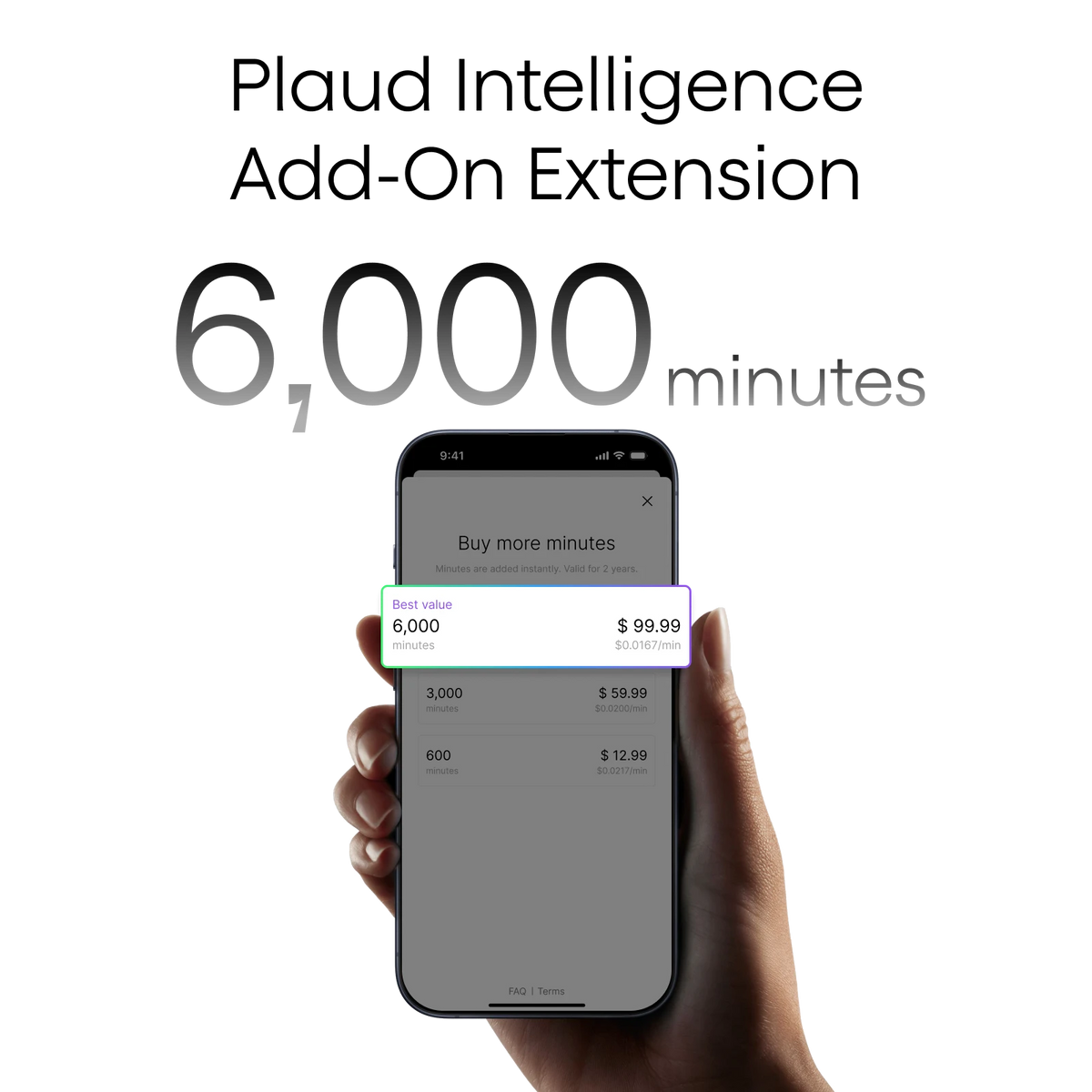 Plaud Intelligence Add-On Extension offering 6,000 minutes for $99.99 via the mobile app interface.