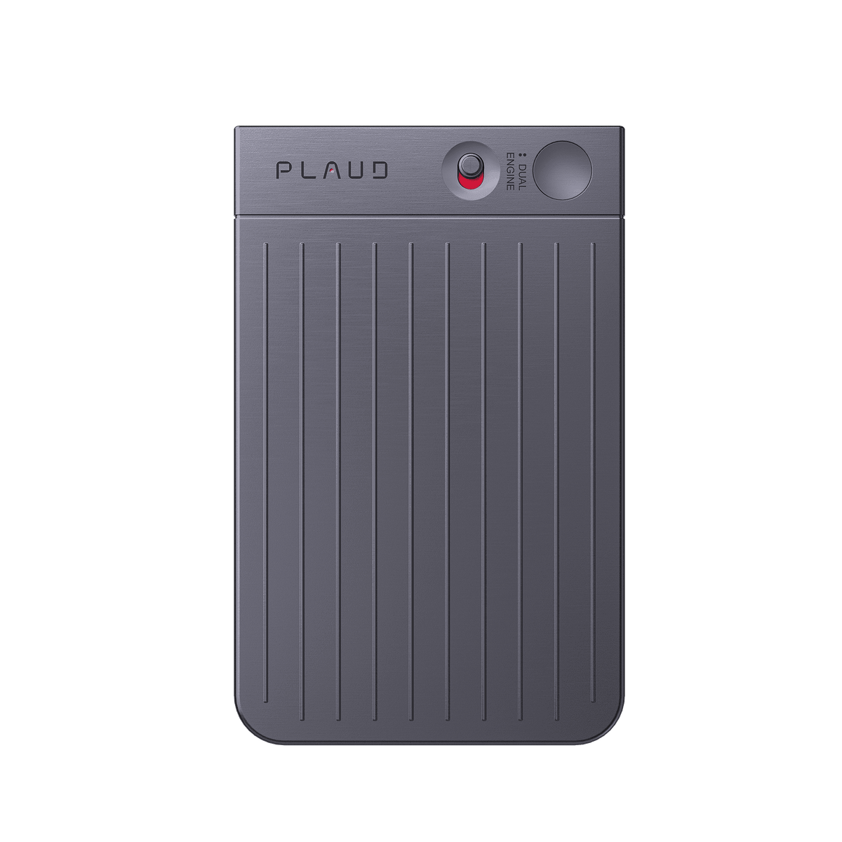 Front view of the slim, grey PLAUD NOTE AI voice recorder featuring vertical ridges and a dual-engine recording switch.