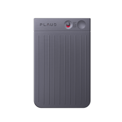Front view of the slim, grey PLAUD NOTE AI voice recorder featuring vertical ridges and a dual-engine recording switch.