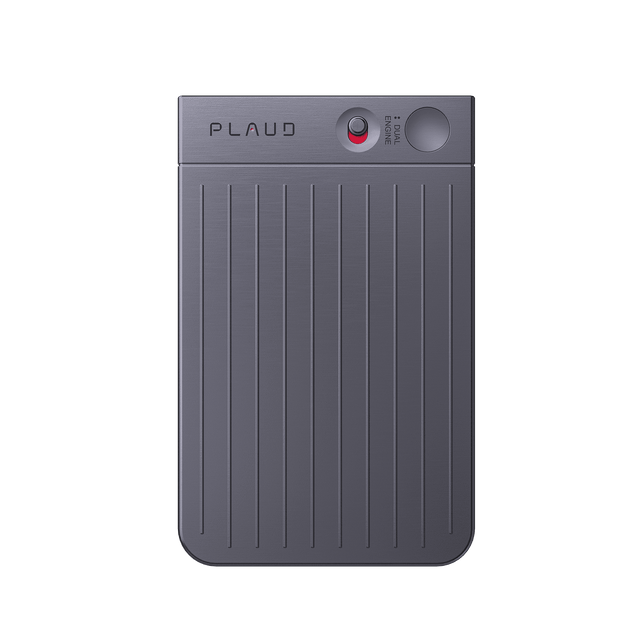 Front view of the slim, grey PLAUD NOTE AI voice recorder featuring vertical ridges and a dual-engine recording switch.