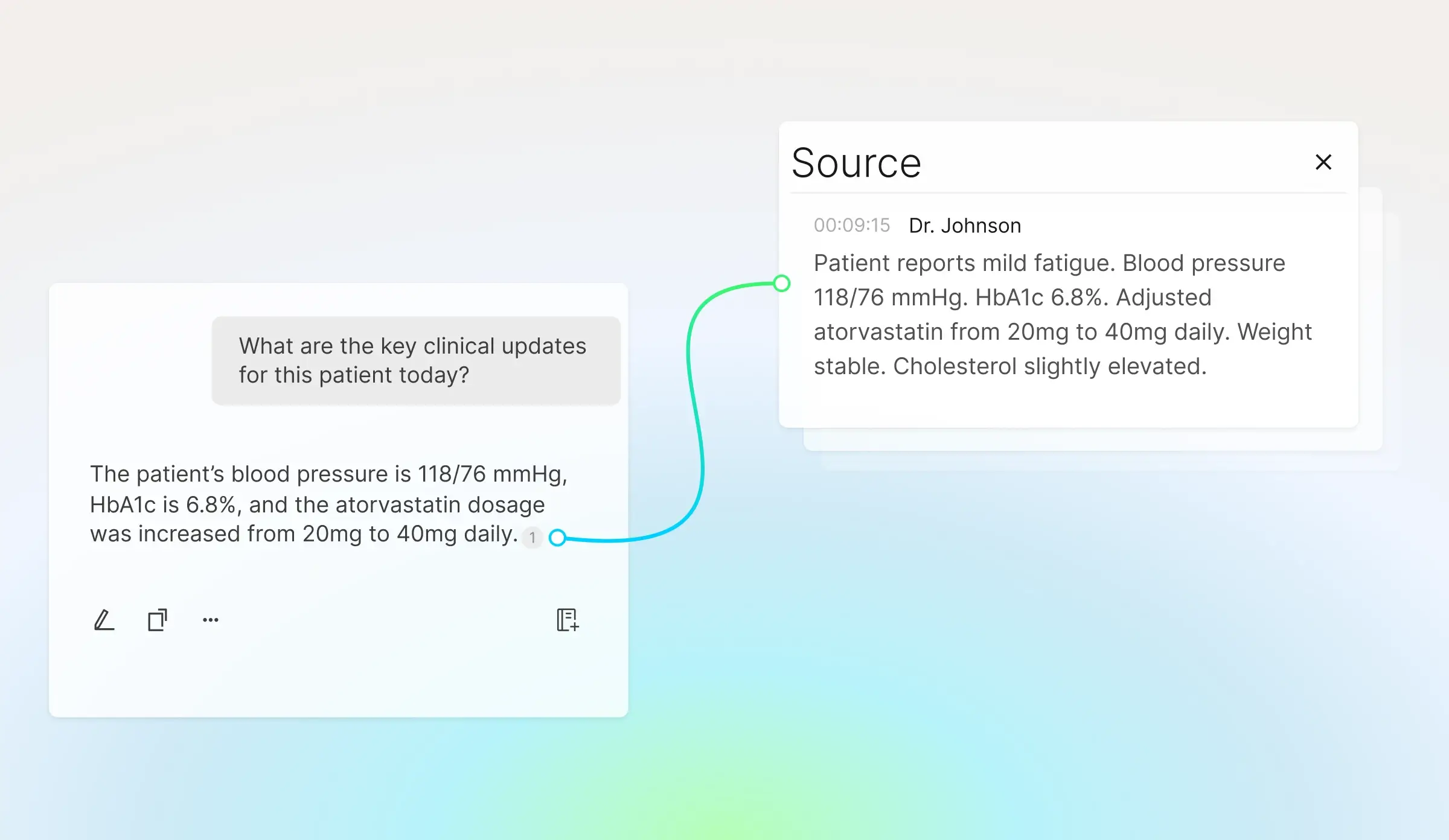Plaud Intelligence UI summarizing clinical updates from a source transcript, highlighting key patient data.