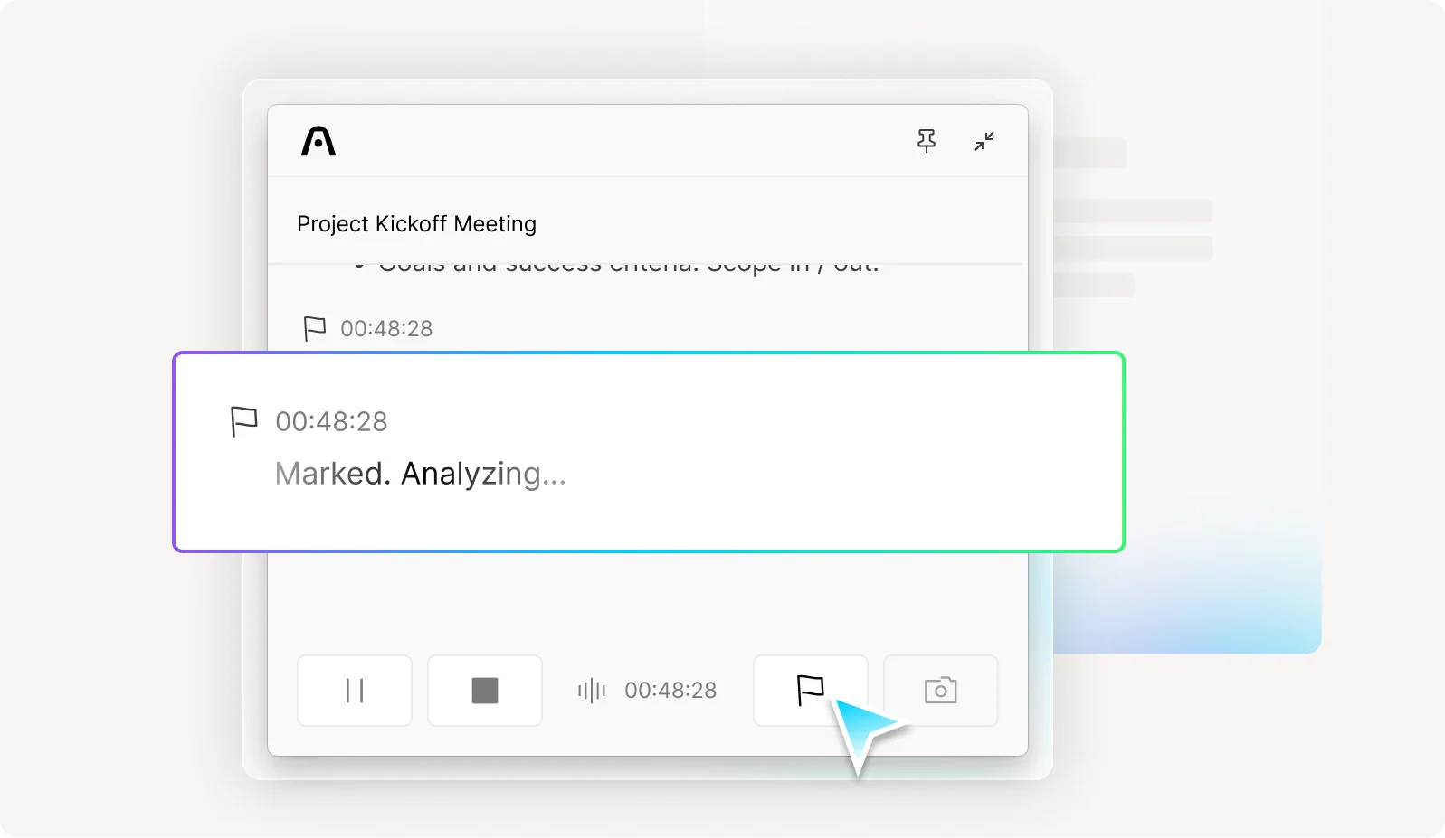 Plaud app interface showing a user marking a specific moment in a Project Kickoff Meeting for AI analysis.