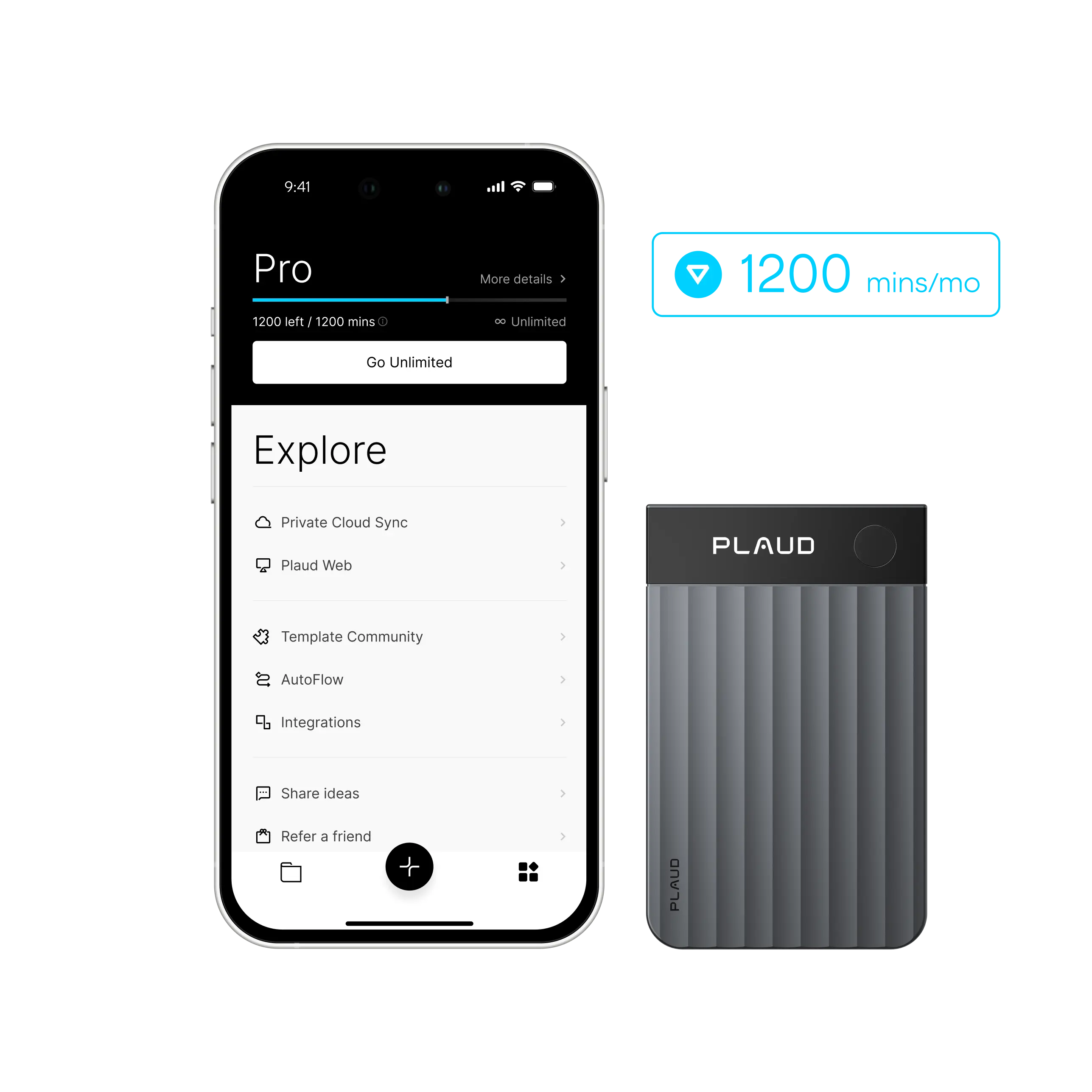 Plaud Note with the Plaud app displaying the Pro plan's 1200 minutes per month transcription quota.