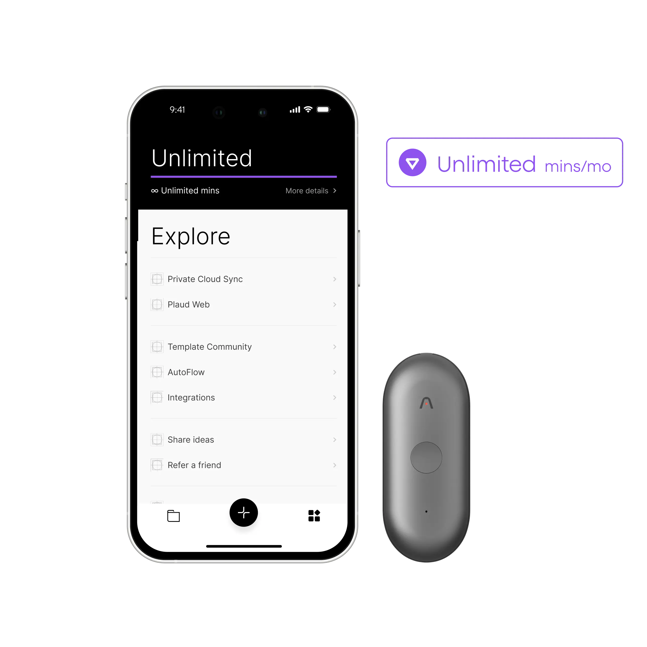 PLAUD NotePin next to a phone displaying the Plaud Intelligence plan's unlimited transcription minutes and features.