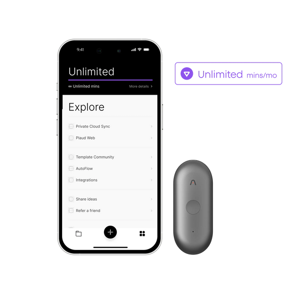 PLAUD NotePin next to a phone displaying the Plaud Intelligence plan's unlimited transcription minutes and features.