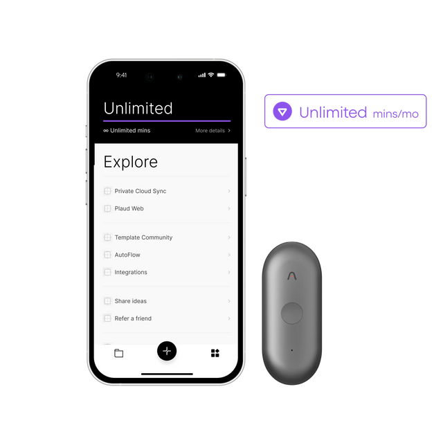 PLAUD NotePin next to a phone displaying the Plaud Intelligence plan's unlimited transcription minutes and features.
